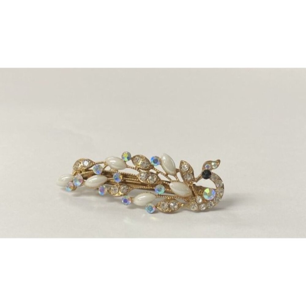 Copper Gold Peacock Costume Rhinestone Barrette Hair Clip Black Eye Vintage